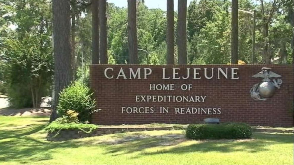 PHOTO: A sign for Camp Lejeune, a military base in North Carolina for U.S. Marines.