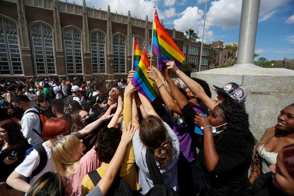 PHOTO: Hillsborough High School students protest a Republican-backed bill dubbed the "Don't Say Gay" that would prohibit classroom discussion of sexual orientation and gender identity in Tampa, Fla., March 3, 2022.  