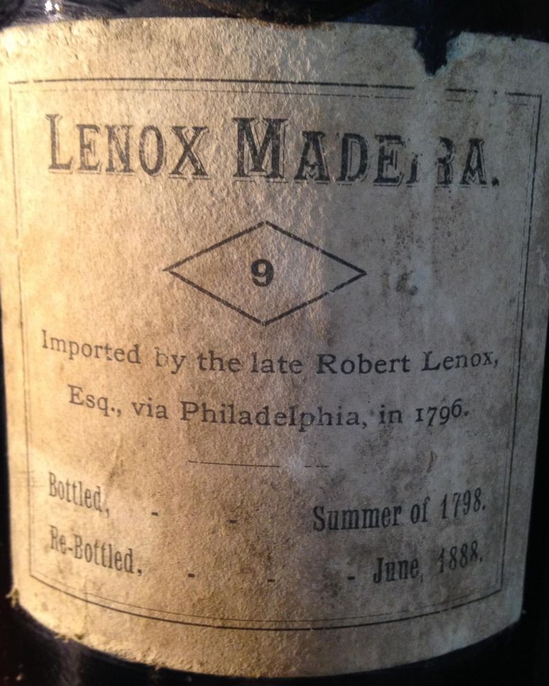 PHOTO: Close up of the label on a bottle of 1796 Madeira wine in the cellar at Liberty Hall Museum in New Jersey.