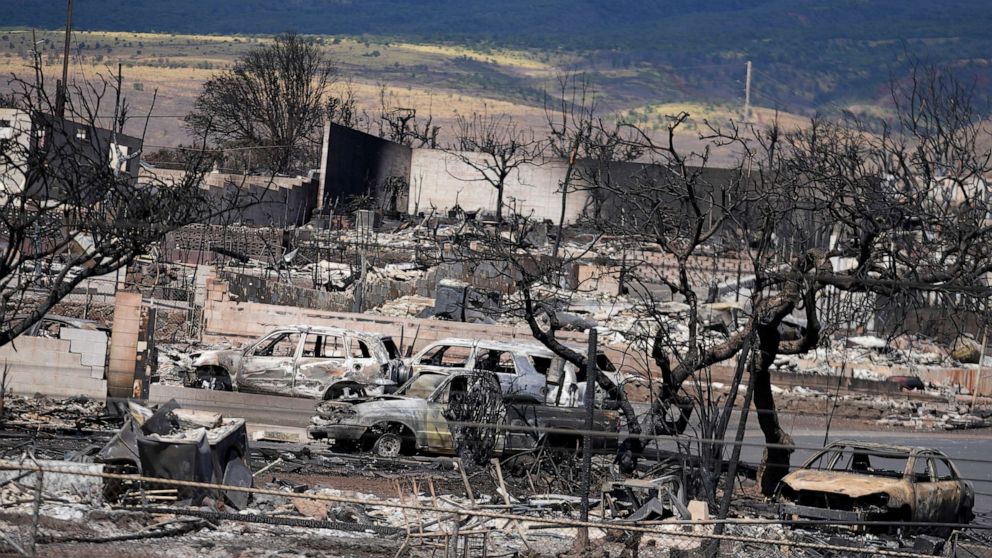 PHOTO: Destroyed homes and vehicles are seen in a neighborhood, Aug. 13, 2023, in Lahaina, Hawaii, following a deadly wildfire that caused heavy damage days earlier.