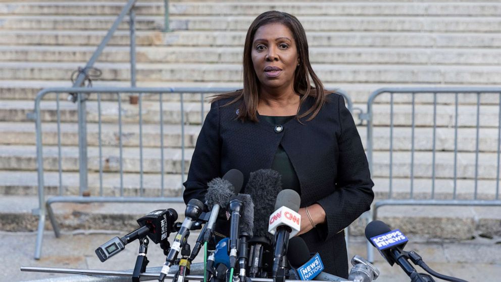 PHOTO: New York Attorney General Letitia James speaks the the media outside the courthouse during the civil business fraud trial of former President Donald Trump at New York Supreme Court, Oct. 17, 2023, in New York.