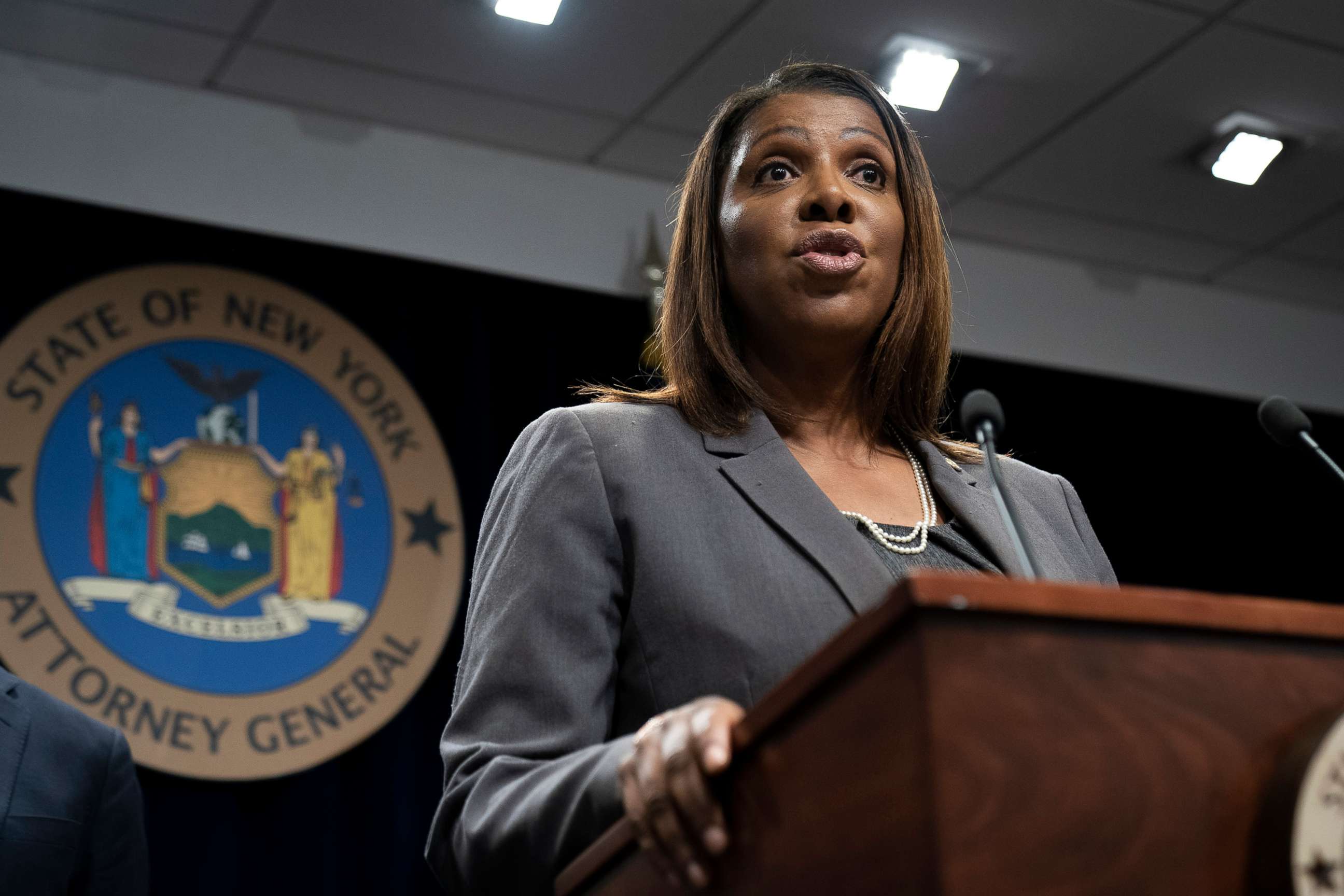 PHOTO: New York Attorney General Letitia James speaks during a press conference, June 11, 2019, in New York. 