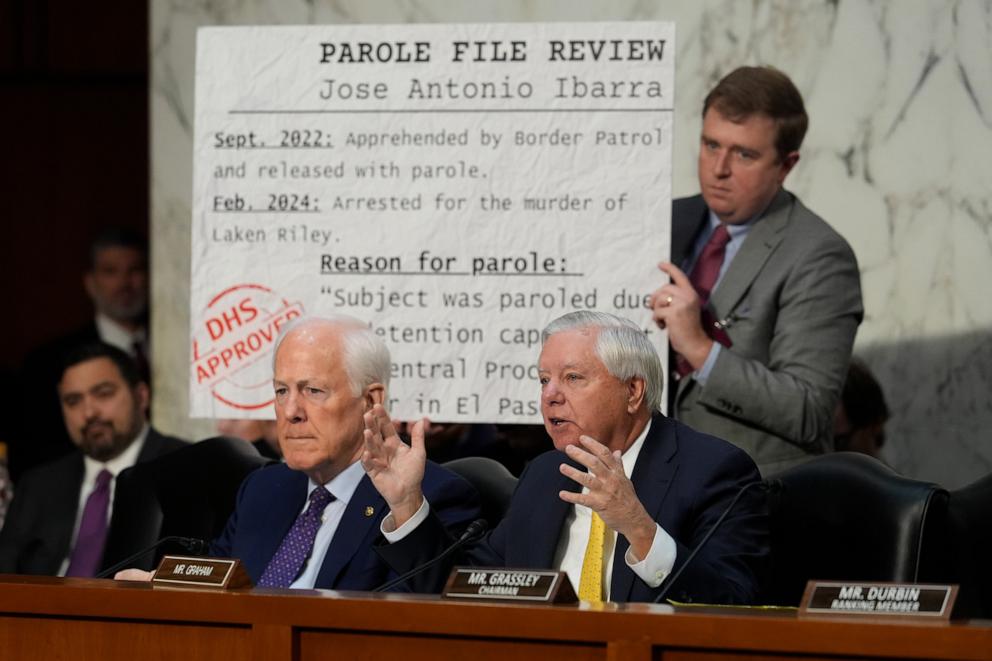 PHOTO: Sen. Lindsey Graham questions Pam Bondi, President-elect Donald Trump's choice to lead the Justice Department as attorney general during her Senate Judiciary Committee confirmation hearing, at the Capitol in Washington, Jan. 15, 2025. 