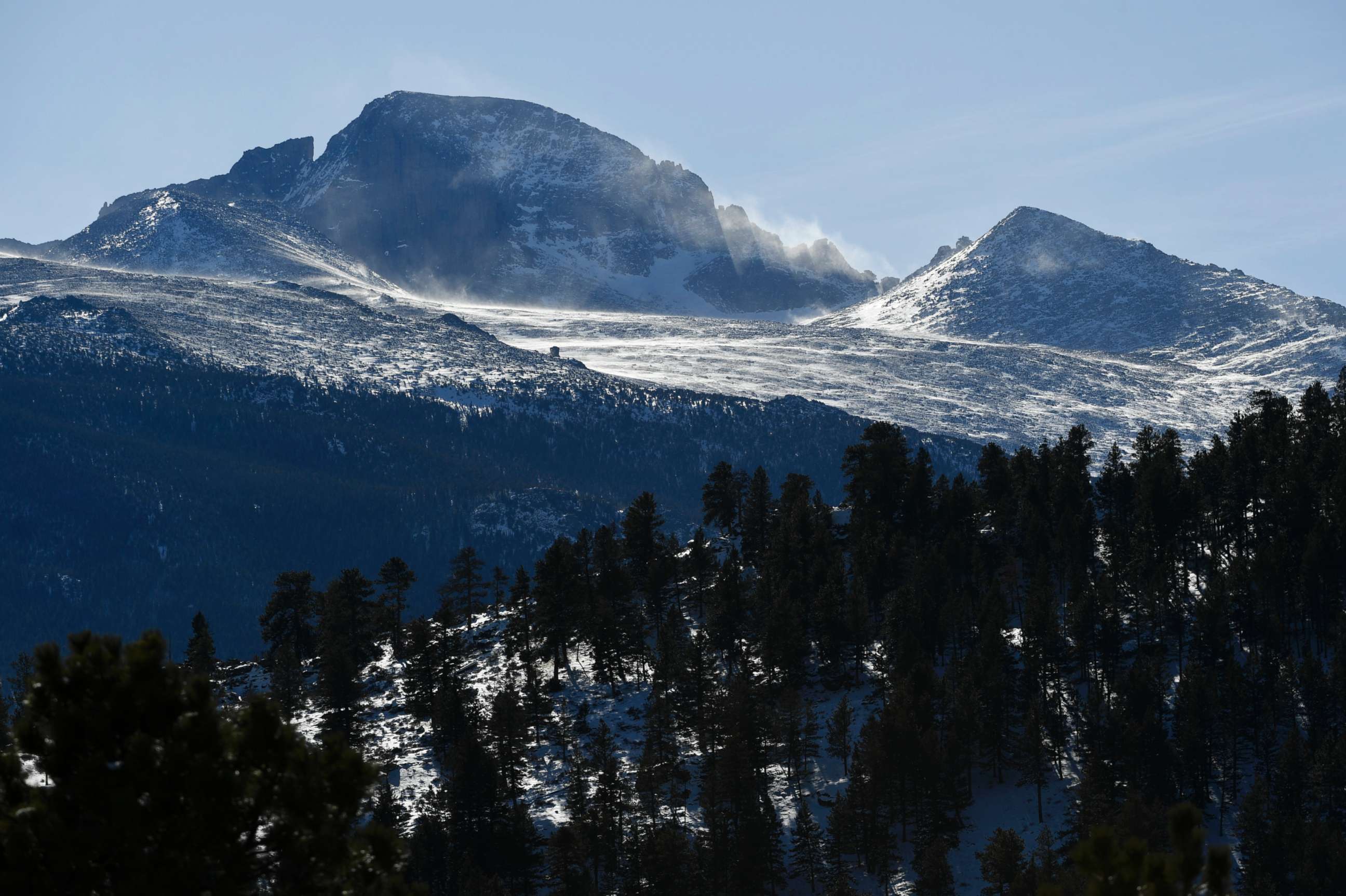 PHOTO: High winds blow snow on Longs Peak in Rocky Mountain National Park on Jan. 22, 2018 in Estes Park, Colo.