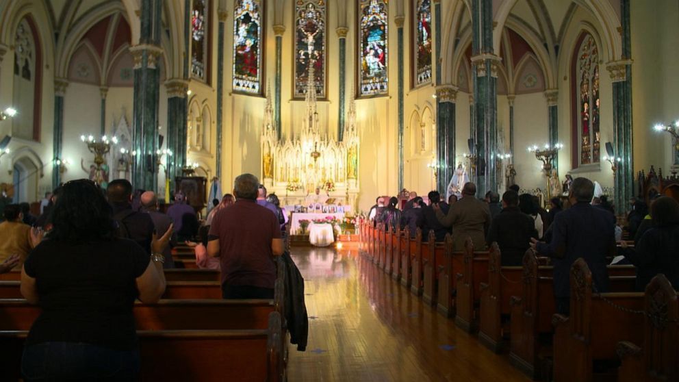 PHOTO: A funeral mass in Brooklyn, New York, for 25 members of a tight-knit Mexican community who died from COVID-19. 