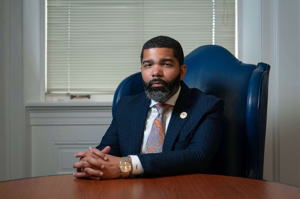 PHOTO: Mayor Chokwe Antar Lumumba poses for a portrait in City Hall in Jackson, Miss., Oct. 20, 2021.