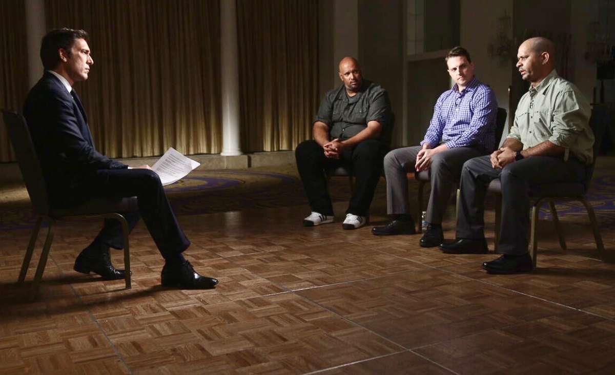 PHOTO: World News Tonight's David Muir sits down with three Capitol Officer who fought during the riots on Jan. 6, 2021.