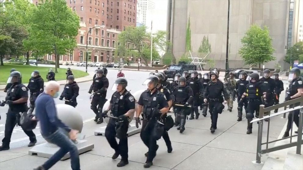 PHOTO: An elderly man falls after appearing to be shoved by riot police during a protest against the death in Minneapolis police custody of George Floyd, in Buffalo, New York, U.S. June 4, 2020 in this still image taken from video. WBFO/via 