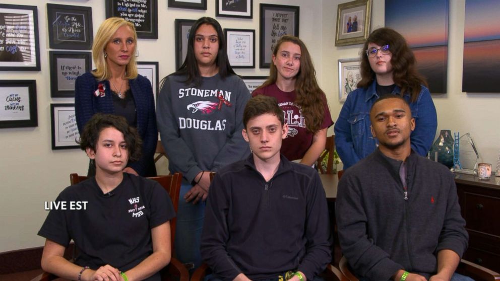 PHOTO: Marjory Stoneman Douglas High School students appear on "The View" via satellite from Tallahassee, Fla., on Feb. 21, 2018.