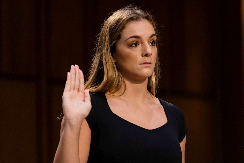 PHOTO: U.S. Olympic gymnast Maggie Nichols is sworn in during a Senate Judiciary hearing about the inspector general's report on the FBI handling of the Larry Nassar investigation of sexual abuse of Olympic gymnasts in Washington, D.C., Sept. 15, 2021. 