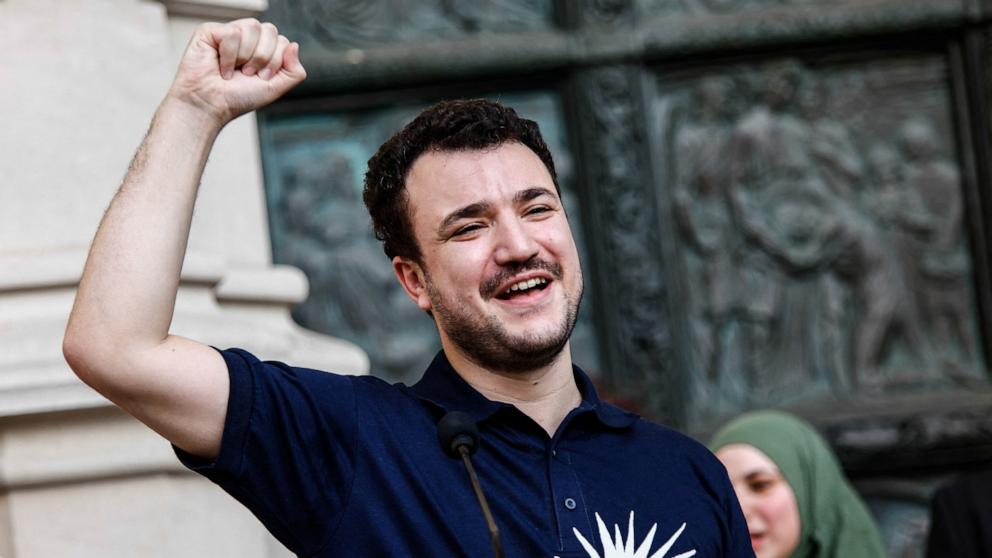 PHOTO: Former Columbia University student and pro-Palestinian protest leader Mahmoud Khalil holds a press conference outside the Cathedral of St. John the Divine in New York, June 22, 2025.