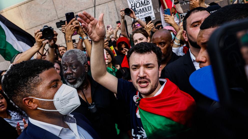 PHOTO: Former Columbia University student and pro-Palestinian protest leader Mahmoud Khalil shouts slogans in front of Columbia University after delivering a press conference in New York City, June 22, 2025