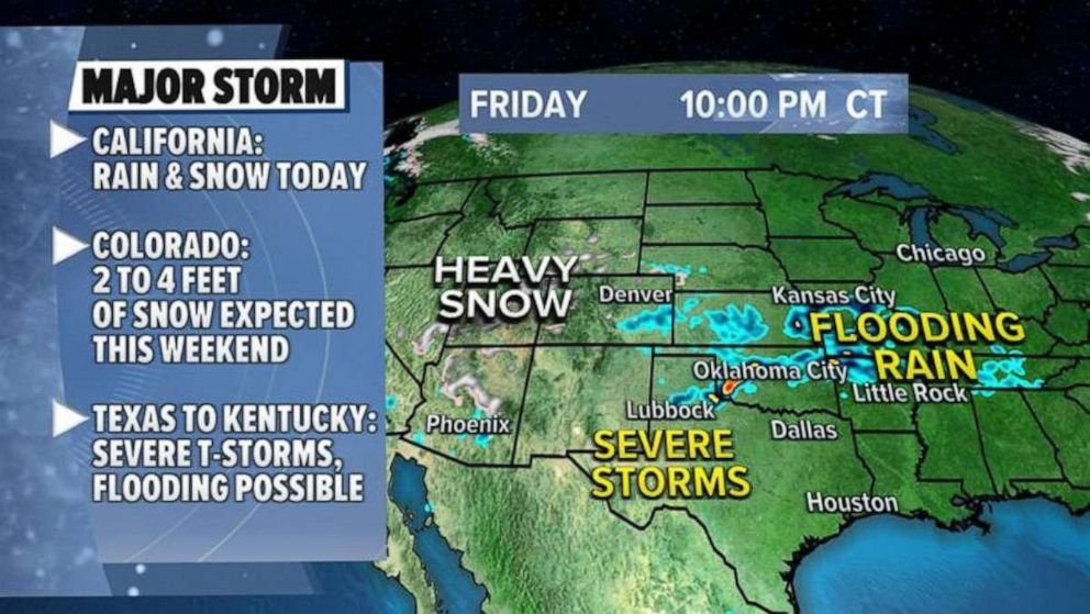 PHOTO: A major storm is on the move Friday, with record-breaking snowfall along with tornado and flood threats expected from California to Kentucky.