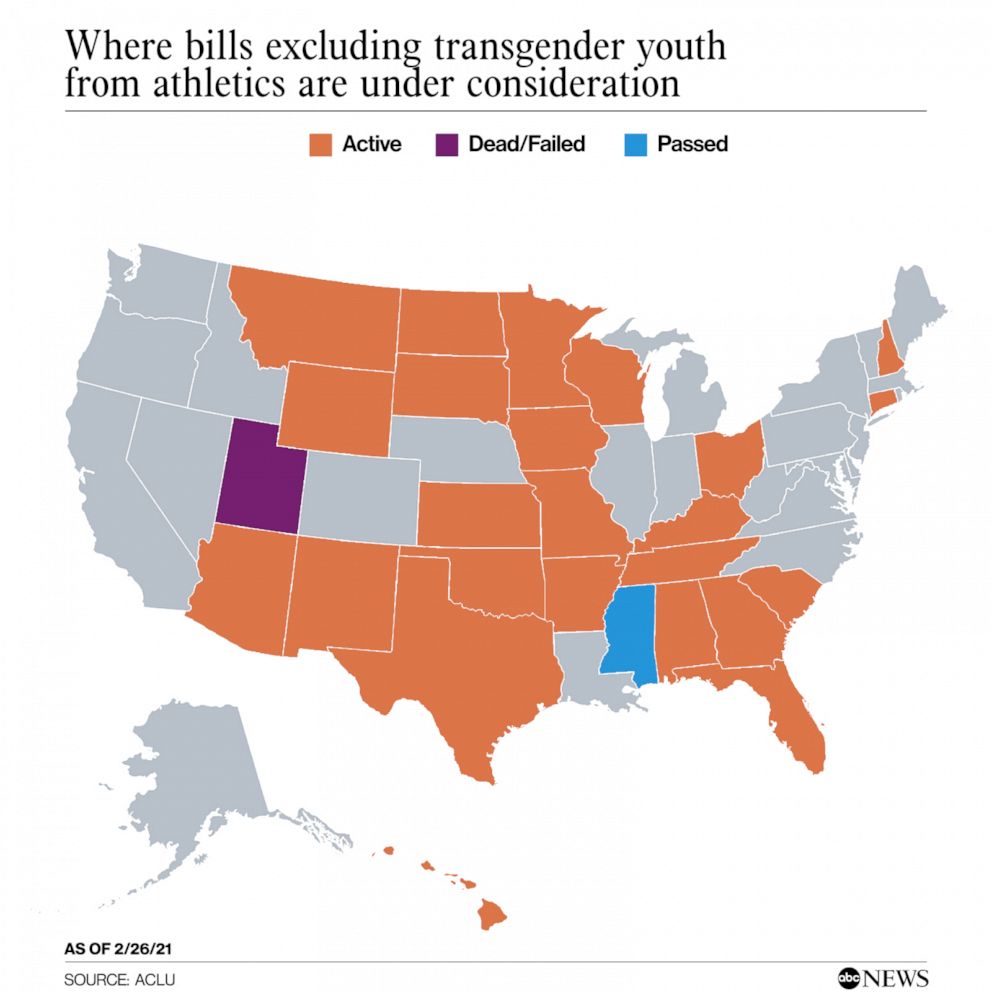 PHOTO: Where bills excluding transgender youth
from athletics are under consideration