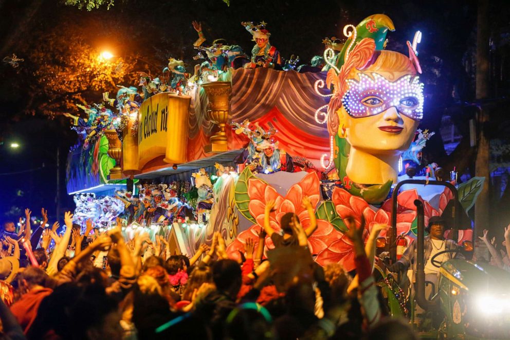 PHOTO: The Mystic Krewe of Nyx parade makes its way through the streets during Mardi Gras celebrations in New Orleans, Wednesday, Feb. 19, 2020.