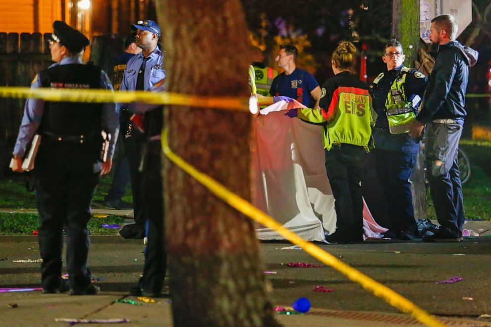 PHOTO: Emergency personnel work at the scene after a person was run over and killed by a float during The Mystic Krewe of Nyx Mardi Gras parade in New Orleans, Wednesday, Feb. 19, 2020. 