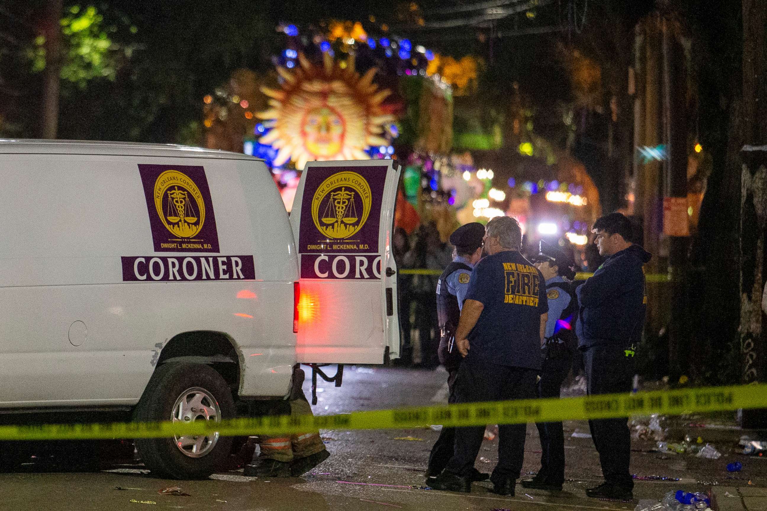 PHOTO: Emergency personnel work the scene after a person was run over and killed by a float in the Mystic Krewe of Nyx parade during Mardi Gras celebrations in New Orleans, Wednesday, Feb. 19, 2020.