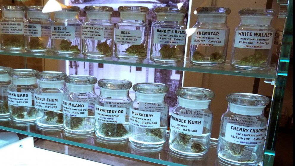 PHOTO: Marijuana on display at Arbors Wellness in the medical marijuana shop in Ann Arbor, Mich., Nov. 25, 2019. Adults age 21 and over will be able to buy marijuana for recreational use starting Sunday, Dec. 1 in Michigan. 