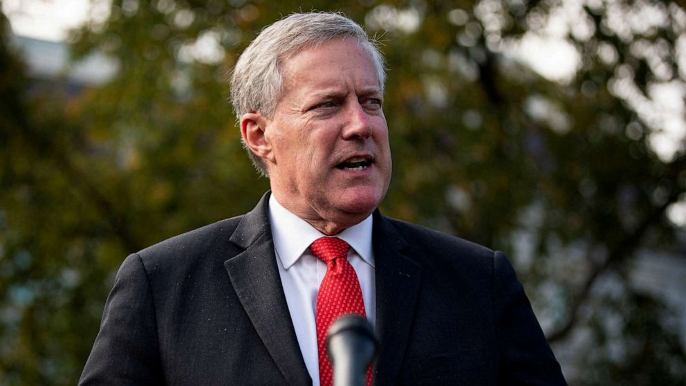 PHOTO: White House Chief of Staff Mark Meadows speaks to reporters following a television interview, outside the White House in Washington, Oct. 21, 2020.