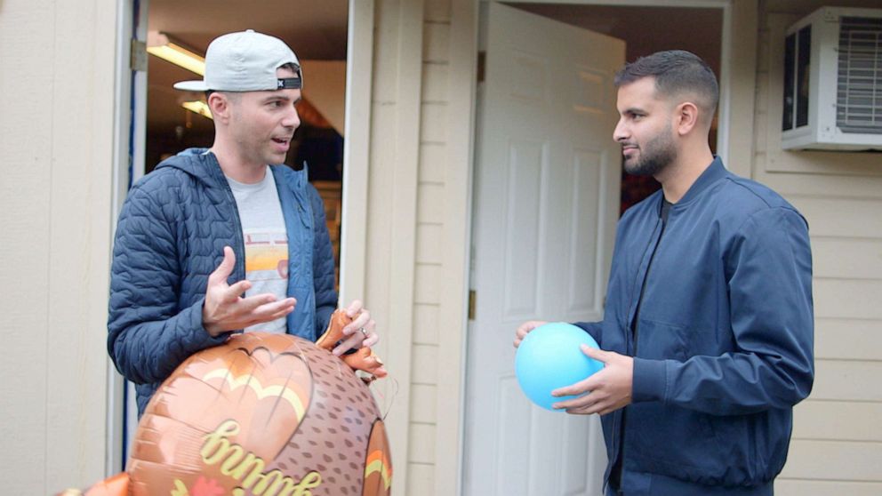 PHOTO: "Nightline's" Ashan Singh talks to rocket scientist turned YouTuber Mark Rober about why helium inhaled from a balloon changes a person's voice.