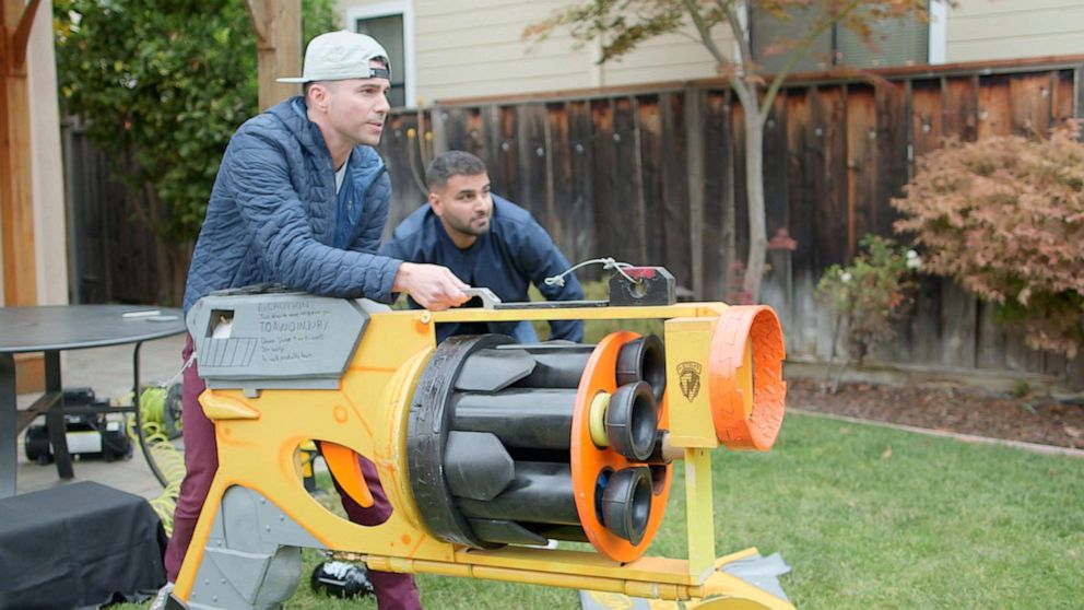 PHOTO: YouTuber Mark Rober, a former NASA engineer, shows "Nightline's" Ashan Singh a giant Nerf gun that he'd built. 