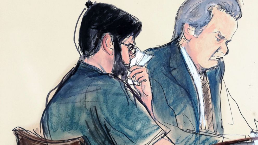 PHOTO: In this courtroom sketch former pharmaceutical CEO Martin Shkreli, left, is seated next to his lawyer Ben Brafman in federal court, March ,9, 2018 in New York during his sentencing.