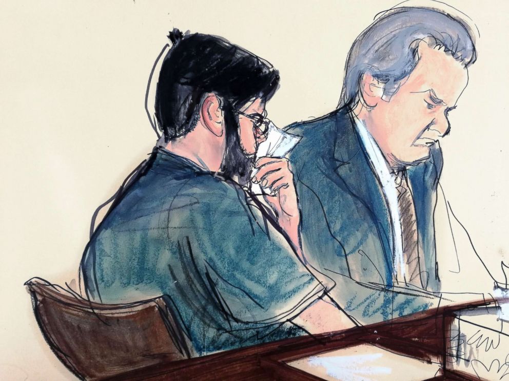 PHOTO: In this courtroom sketch former pharmaceutical CEO Martin Shkreli, left, is seated next to his lawyer Ben Brafman in federal court, March ,9, 2018 in New York during his sentencing.