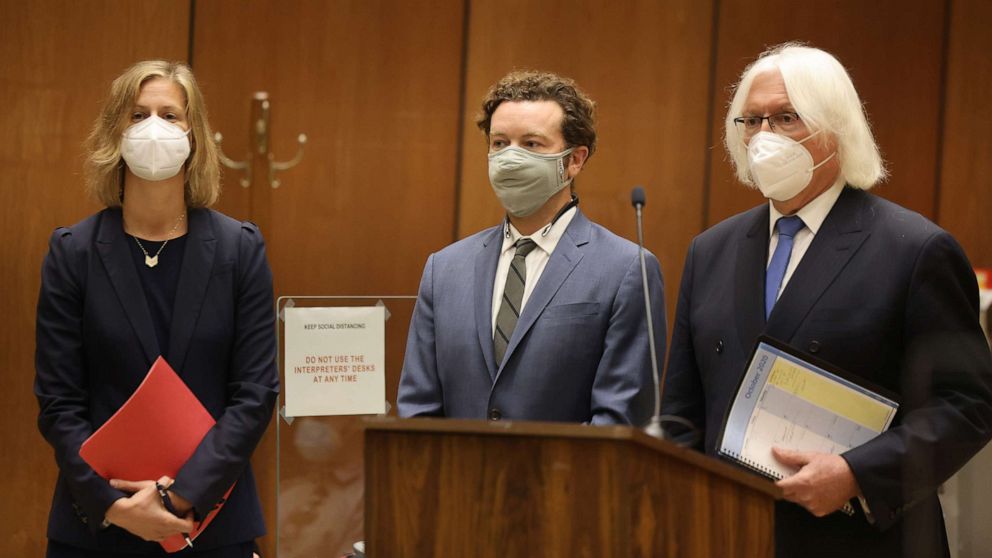 PHOTO: Danny Masterson stands with his lawyers Thomas Mesereau and Sharon Appelbaum as he is arraigned on rape charges at Clara Shortridge Foltz Criminal Justice Center, Sept. 18, 2020, in Los Angeles.