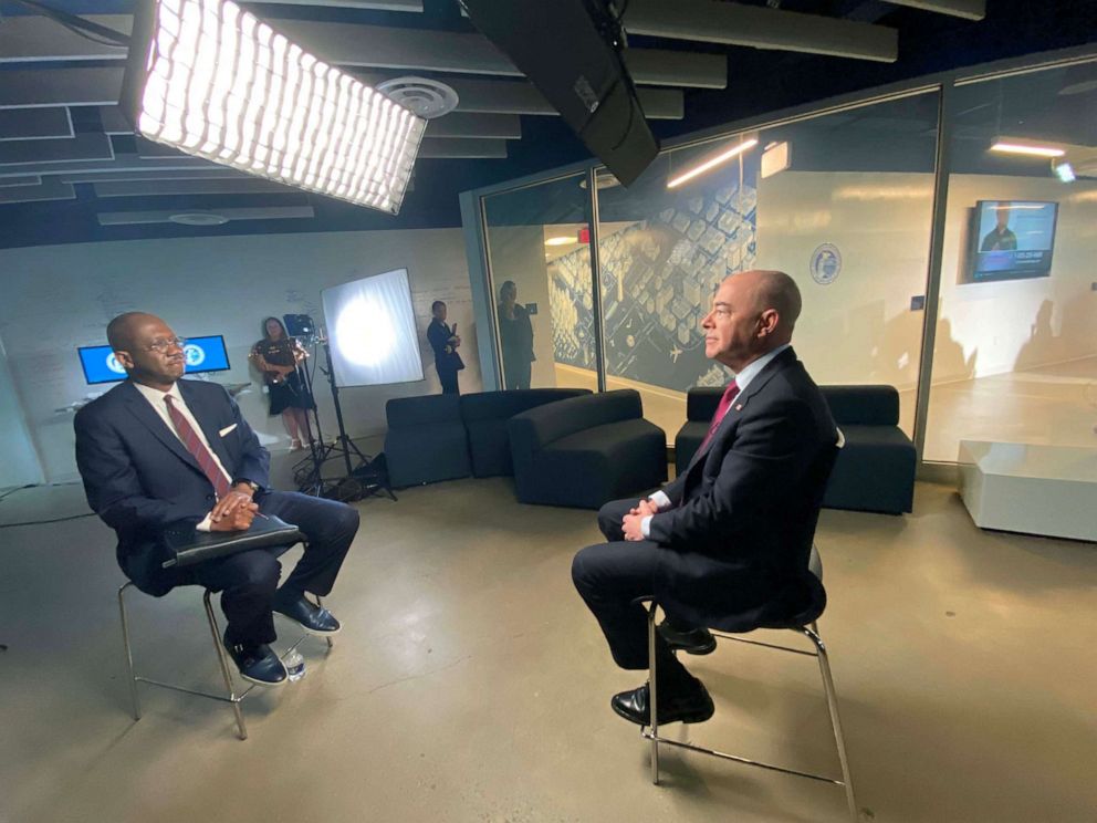 PHOTO: DHS Secretary Alejandro Mayorkas speaks with ABC News Chief Justice Correspondent Pierre Thomas at the Cybersecurity and Infrastructure Security Agency in Arlington, Va.