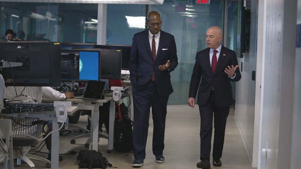 PHOTO: DHS Secretary Alejandro Mayorkas speaks with ABC News Chief Justice Correspondent Pierre Thomas at the Cybersecurity and Infrastructure Security Agency in Arlington, Va.