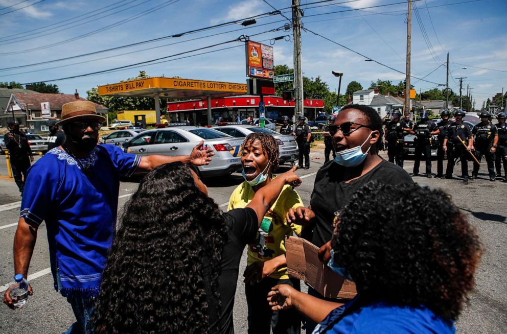 PHOTO: Emotions overtook some as hundreds gathered to protest the death of David McAtee, a beloved BBQ owner who shot and killed amid gunfire by LMPD and Kentucky National Guard early Monday morning in Louisville., Kentucky, June 1, 2020.
