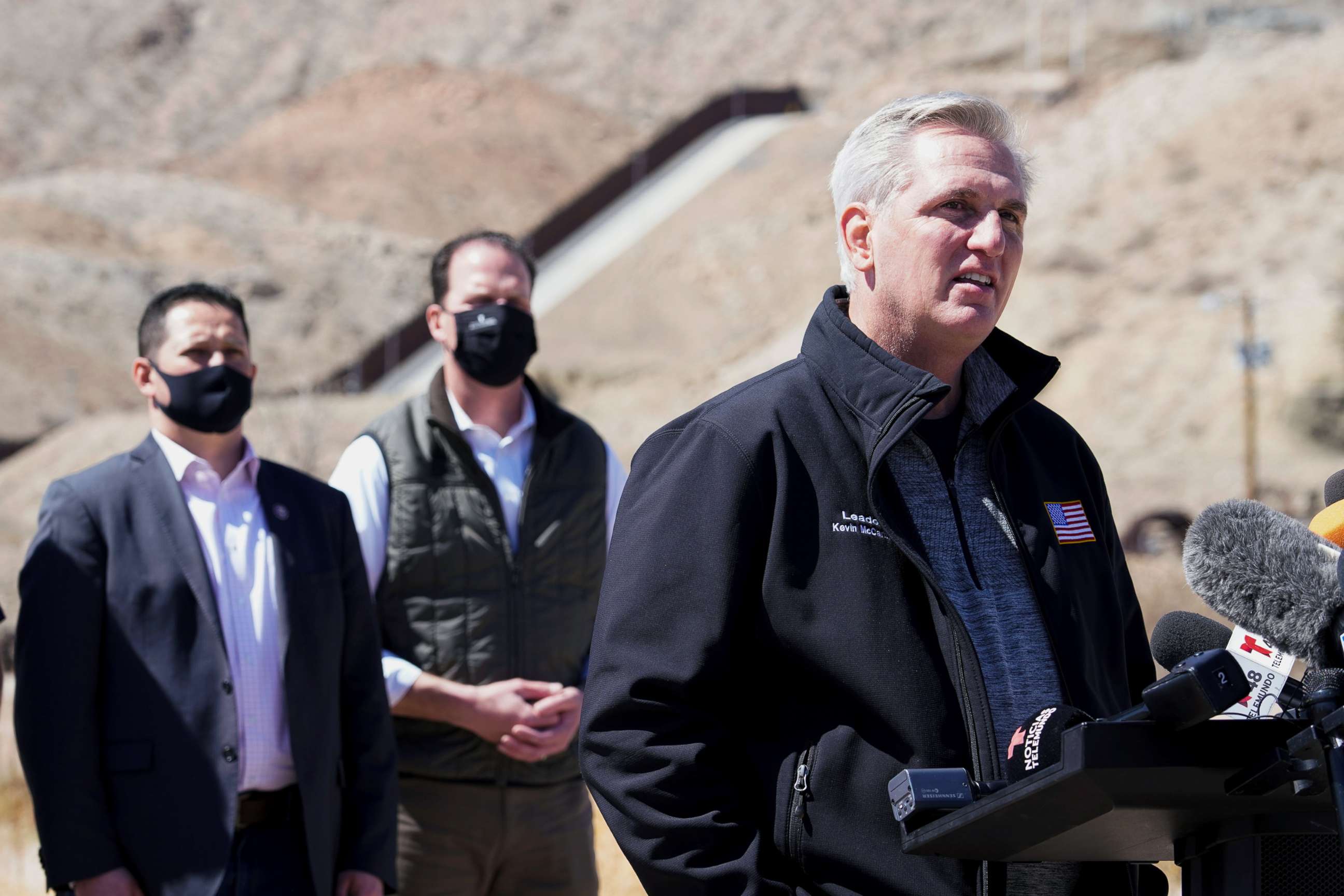 PHOTO: House Minority Leader Kevin McCarthy speaks to the press during a tour for a delegation of Republican lawmakers of the US-Mexico border, in El Paso, Texas, March 15, 2021. 