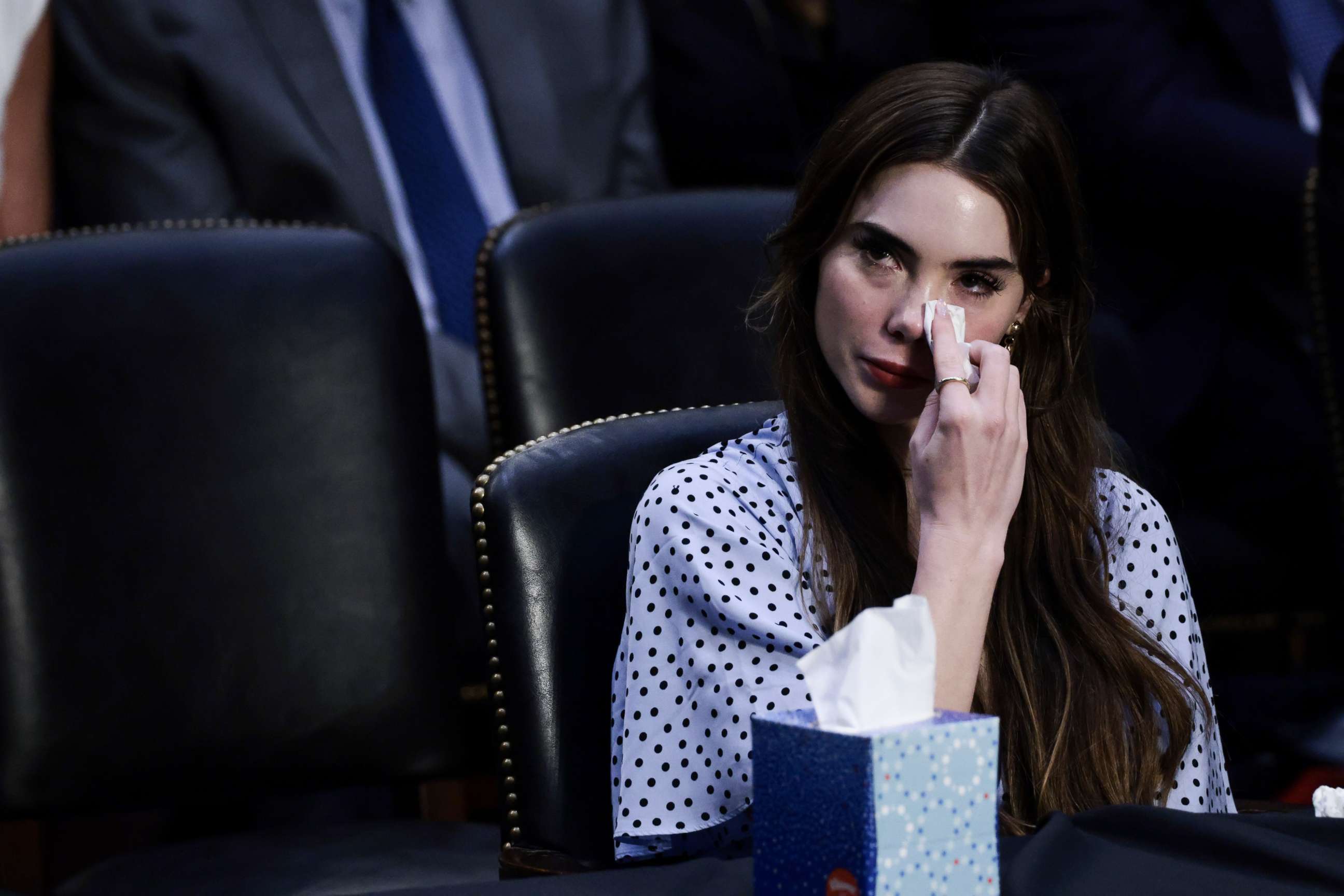 PHOTO: U.S. Olympic Gymnast McKayla Maroney wipes tears from her eyes during a Senate Judiciary hearing about the inspector general's report on the FBI handling of the Larry Nassar investigation of sexual abuse, on Sept. 15, 2021 in Washington, DC.