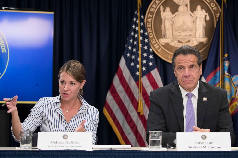 PHOTO: FILE â Secretary to the Governor Melissa DeRosa, answers questions with Gov. Andrew Cuomo, during a news conference, Friday, Sept. 14, 2018, in New York. 