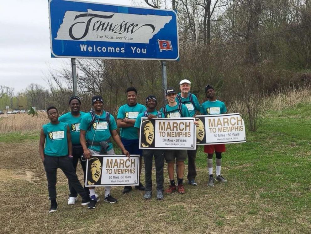 PHOTO: The marchers at the Mississippi-Tennessee State Line on April 2, 2018. They walked 38 miles total. Pictured: Jarvis Ward, JaQuon Ohara, Damonte' Steele, Cameron Allison, Benjamin Rutledge, Davonta Pate, Rapheal Williams and Ron Forseth.