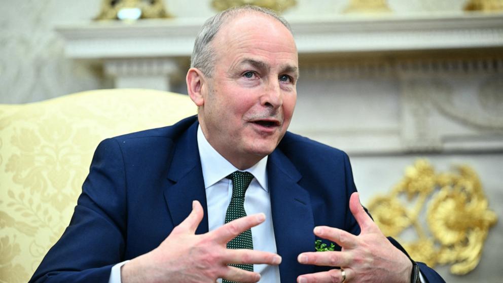 PHOTO: Irish Prime Minister Micheal Martin speaks while meeting with US President Donald Trump meets in the Oval Office of the White House in Washington, Mar. 12, 2025.
