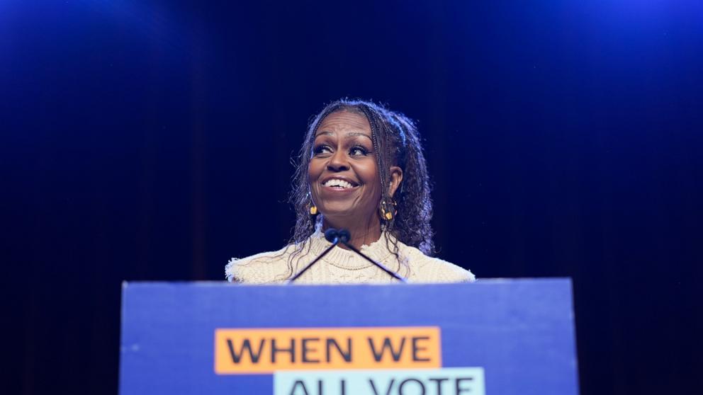 PHOTO: Former First Lady Michelle Obama speaks at a rally on Oct. 29, 2024, in College Park, Georgia.