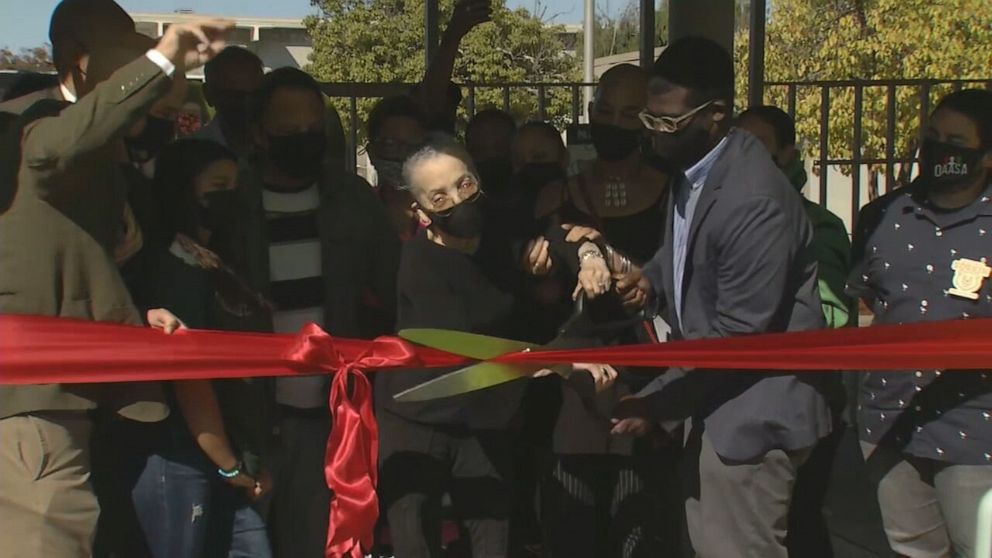 PHOTO: Betty Reid Soskin cuts the rope at the Betty Reid Soskin Middle School on Sept. 22, 2021.