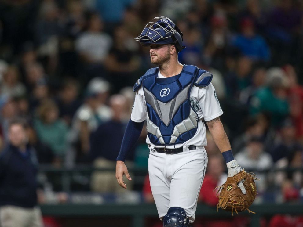 PHOTO: Catcher Mike Marjama of the Seattle Mariners walks to home plate during a game against the Los Angeles Angels of Anaheim at Safeco Field on Sept. 9, 2017 in Seattle.