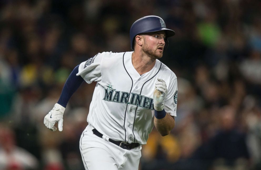 PHOTO: Mike Marjama of the Seattle Mariners runs to first base after putting the ball in play during an at-bat in a game against the Los Angeles Angels of Anaheim at Safeco Field on Sept. 9, 2017 in Seattle.