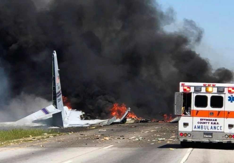 PHOTO: Flames and smoke rise from an Air National Guard C-130 cargo plane after it crashed near Savannah, Ga., May 2, 2018.