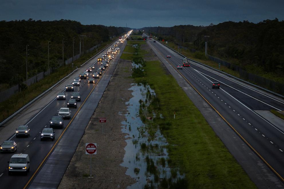 PHOTO: A drone view shows commuters driving east from the west coast ahead of the arrival of Hurricane Milton on Interstate 75 in Florida, on Oct. 8, 2024.