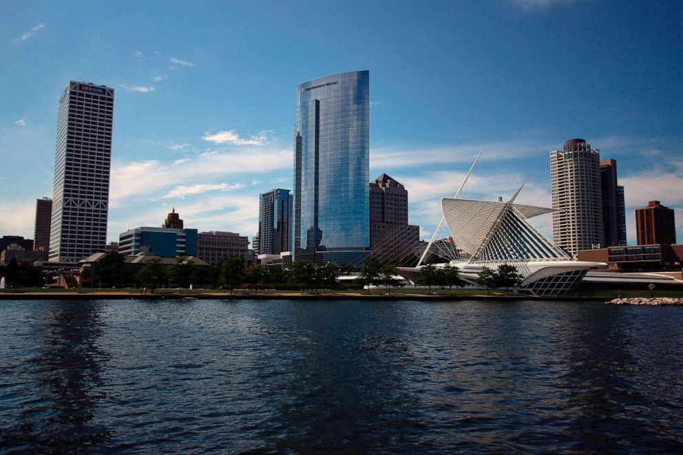 PHOTO: This Aug. 13, 2020 photo shows the skyline of downtown Milwaukee, the location of a scaled down Democratic National Convention. About 50,000 visitors were expect to inject about $250 million into the economy of the key battleground state. 