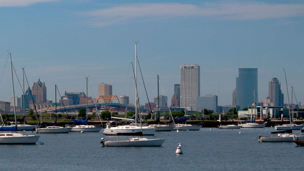 PHOTO: This Aug. 13, 2020 photo shows the skyline of downtown Milwaukee, the location of a scaled down Democratic National Convention. About 50,000 visitors were expect to inject about $250 million into the economy of the key battleground state.