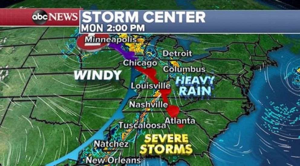 PHOTO: There will likely be a very long line of storms along the front, especially across parts of Arkansas, Louisiana, Mississippi and Alabama. 