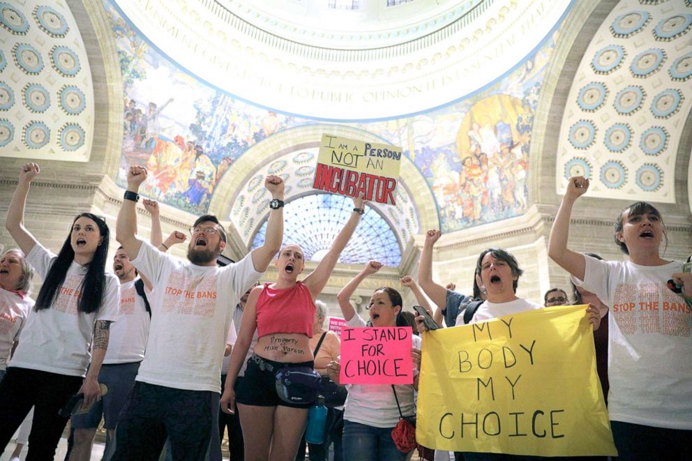 PHOTO: Abortion-rights activists react after lawmakers approved a sweeping piece of anti-abortion legislation, a bill that would ban most abortions in the state of Missouri, May 17, 2019, in Jefferson, Mo.