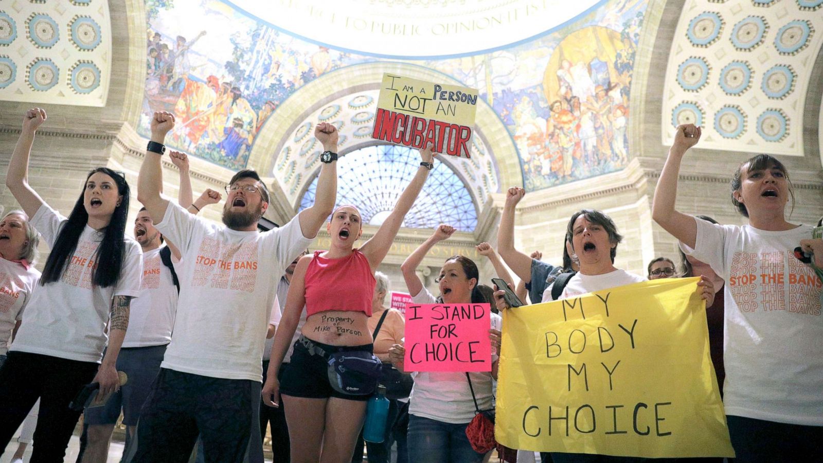 PHOTO: Abortion-rights activists react after lawmakers approved a sweeping piece of anti-abortion legislation, a bill that would ban most abortions in the state of Missouri, May 17, 2019, in Jefferson, Mo.