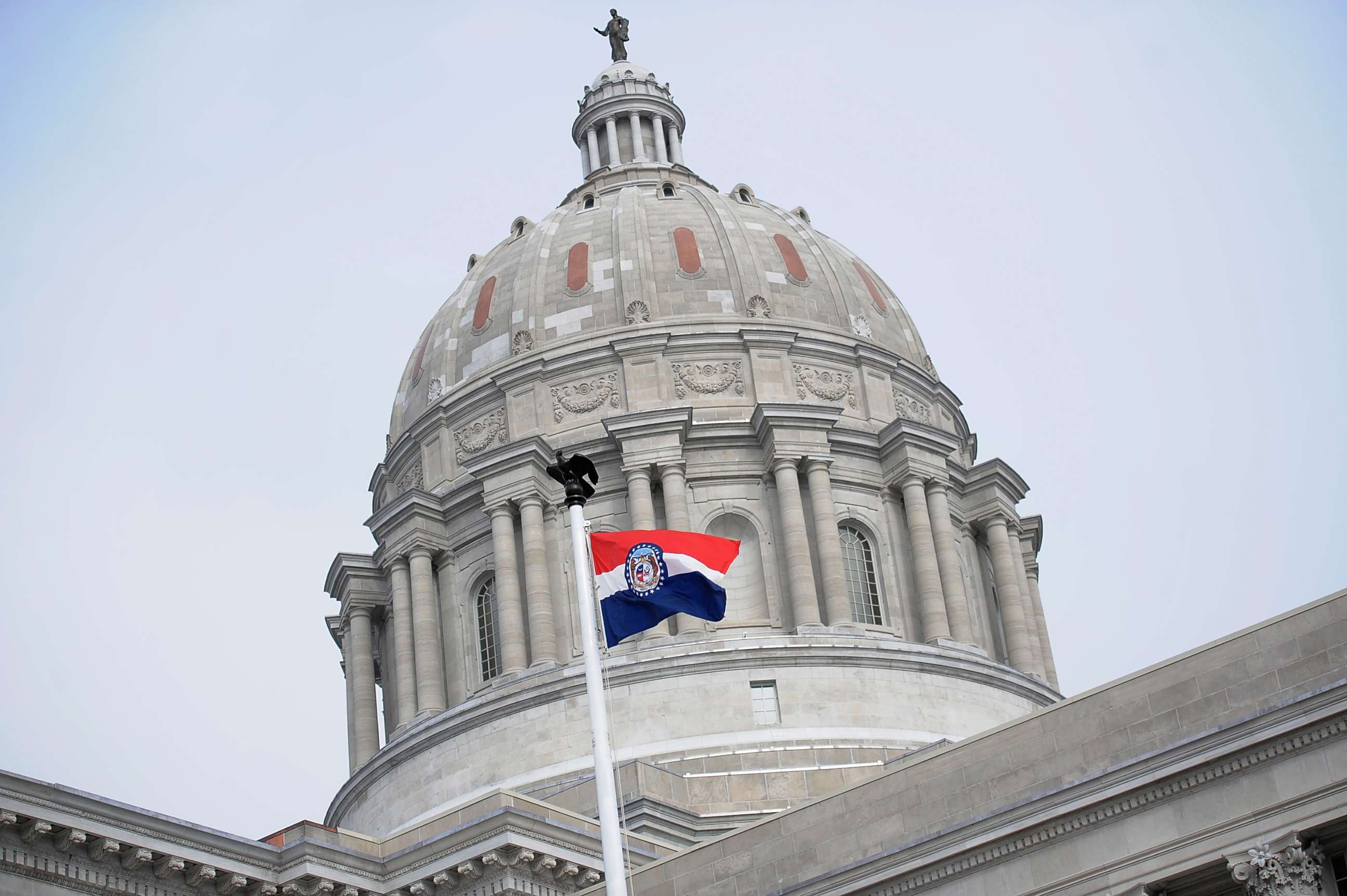 PHOTO: The Missouri state flag is seen flying outside the Missouri State Capitol Building, Jan. 17, 2021, in Jefferson City, Mo. 