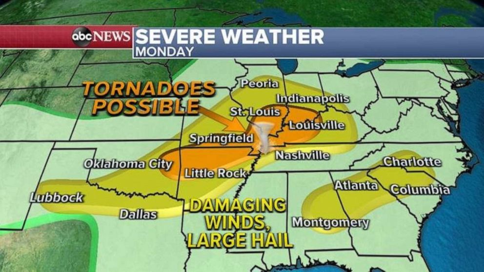 PHOTO: Damaging winds and large hail will be the biggest threat but a few tornadoes could be possible from Oklahoma to Arkansas, western Kentucky, southern Illinois and up into Indiana.
