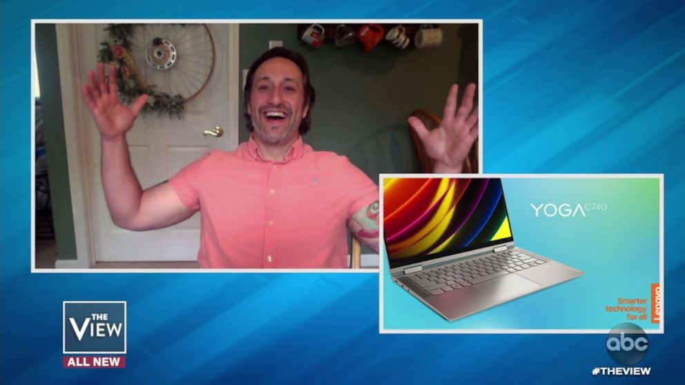 PHOTO: Special education teacher Michael Tricarico is gifted a Lenovo laptop for Teacher Appreciation Week on "The View" Wednesday, May 6, 2020.